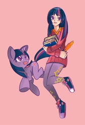 Size: 800x1182 | Tagged: safe, artist:gomigomipomi, twilight sparkle, human, pony, unicorn, book, converse, female, human ponidox, humanized, mare, pink background, self ponidox, simple background