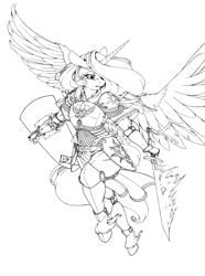 Size: 3519x4739 | Tagged: safe, artist:longinius, princess celestia, alicorn, anthro, unguligrade anthro, armor, fire, grayscale, lineart, monochrome, shield, solo, sword, warrior celestia, wip