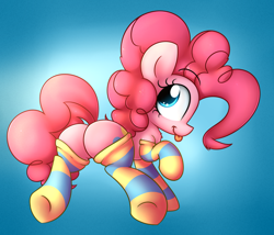 Size: 2800x2400 | Tagged: safe, artist:heavymetalbronyyeah, pinkie pie, earth pony, pony, chest fluff, clothes, cute, female, looking back, plot, raised hoof, smiling, socks, solo, striped socks, tongue out