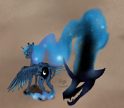 Size: 2280x1998 | Tagged: safe, artist:moondaneka, artist:moondaneka2405, derpibooru import, princess luna, alicorn, pony, colored, colored hooves, curved horn, ethereal mane, female, galaxy mane, horn, leonine tail, mare, multiple heads, solo