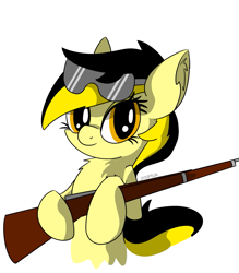 Size: 1007x1150 | Tagged: safe, artist:countryroads, derpibooru import, oc, oc:leslie fair, earth pony, pony, /mlpol/, cute, drawthread, female, glasses, gun, holding, looking at you, rifle, weapon