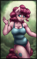 Size: 1254x2000 | Tagged: safe, artist:bantha, artist:chromaskunk, derpibooru import, edit, pinkie pie, anthro, both cutie marks, breasts, chest fluff, chubby, clothes, colored, curvy, cute, female, one-piece swimsuit, plump, solo, swimsuit