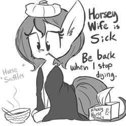 Size: 806x806 | Tagged: safe, artist:tjpones, sniffles, oc, oc only, oc:brownie bun, earth pony, pony, horse wife, blanket, brownie bun without her pearls, cold, descriptive noise, horse noises, hot water bottle, ice pack, meme, monochrome, red nosed, sick, solo, soup, thermometer, tissue, tissue box, tumblr