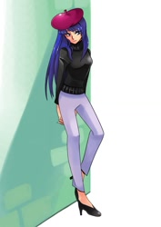 Size: 800x1131 | Tagged: safe, artist:gomigomipomi, rarity, human, beatnik rarity, beret, clothes, female, hat, high heels, humanized, skinny, solo, sweater, wall