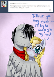 Size: 850x1200 | Tagged: safe, artist:evomanaphy, oc, oc only, oc:evo, oc:primaryforce, pegasus, pony, ask, clothes, compliment, explicit source, freckles, hug, scarf, stubble, tumblr, winghug