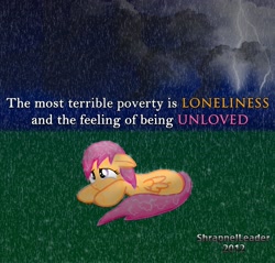 Size: 2469x2361 | Tagged: safe, artist:shrapnelleader, scootaloo, pegasus, pony, abandoned, alone, crying, depressing, female, filly, floppy ears, high res, lightning, lonely, quote, rain, sad, scootalone, solo, thunderstorm, wet mane