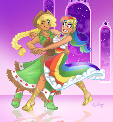 Size: 1347x1457 | Tagged: safe, artist:ddhew, applejack, rainbow dash, human, appledash, braid, clothes, dancing, dress, female, gala dress, humanized, lesbian, one eye closed, reflection, sandals, shipping, tsunderainbow, tsundere, wink