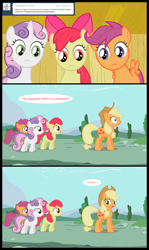 Size: 1320x2220 | Tagged: safe, artist:jan, apple bloom, applejack, scootaloo, sweetie belle, earth pony, pegasus, pony, unicorn, ask, ask the crusaders, comic, cutie mark crusaders, female, filly, lesbian, mare