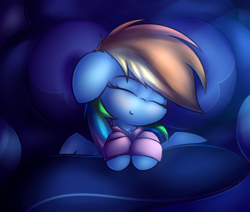 Size: 2600x2200 | Tagged: safe, artist:heavymetalbronyyeah, rainbow dash, pegasus, pony, bed, clothes, cute, dashabetes, eyes closed, female, sleeping, smiling, solo