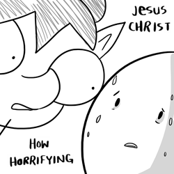 Size: 660x660 | Tagged: safe, artist:tjpones, edit, oc, oc only, oc:hose wife, oc:richard, human, frown, jesus christ how horrifying, meme, monochrome, nervous, open mouth, quality, reaction image, stare, stylistic suck, sweat, wide eyes, worried