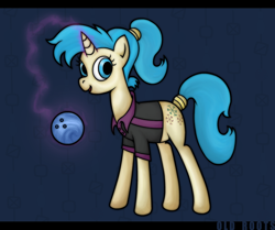 Size: 850x709 | Tagged: safe, artist:old roots, allie way, pony, unicorn, abstract background, bowling ball, female, mare, solo, tail wrap