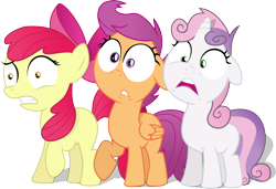 Size: 6346x4346 | Tagged: artist needed, dead source, safe, artist:regolithx, apple bloom, scootaloo, sweetie belle, earth pony, pegasus, pony, unicorn, absurd resolution, bow, cutie mark crusaders, faic, female, filly, floppy ears, frown, gritted teeth, open mouth, raised hoof, reaction, reaction image, scared, shock, simple background, transparent background, vector, wide eyes