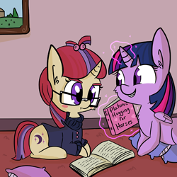 Size: 806x806 | Tagged: safe, artist:tjpones, moondancer, twilight sparkle, twilight sparkle (alicorn), alicorn, pony, unicorn, :t, blushing, book, female, frown, glasses, grin, incoming hug, lesbian, magic, mare, pillow, prone, shipping, smiling, telekinesis, twidancer