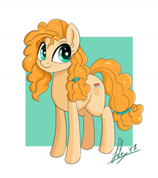 Size: 1280x1443 | Tagged: safe, artist:chrisfhey, pear butter, earth pony, pony, the perfect pear, female, freckles, mare, signature, simple background, smiling, solo