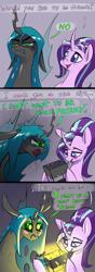 Size: 1200x3412 | Tagged: safe, artist:underpable, derpibooru import, queen chrysalis, starlight glimmer, changeling, changeling queen, pony, behaving like a moth, blush sticker, blushing, bug horse, bugs doing bug things, changelings in the comments, comic, cross-popping veins, curved horn, dialogue, female, horn, lamp, mare, shiny, smiling, speech bubble