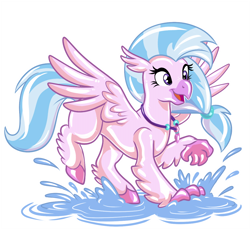 Size: 1200x1103 | Tagged: safe, artist:likeshine, derpibooru import, silverstream, classical hippogriff, hippogriff, pony, cute, diastreamies, latex, latex body, latex pony, puddle, rubber, shiny, simple background, solo, splashing, white background