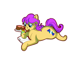 Size: 1366x1290 | Tagged: safe, artist:cotton, bon bon (g1), earth pony, pony, g1, my little pony tales, book, cookie, female, food, mare, mouth hold, prone, simple background, solo, transparent background, writing