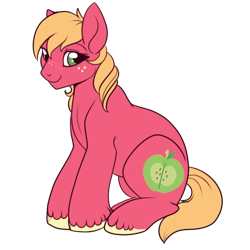 Size: 500x500 | Tagged: source needed, safe, artist:lulubell, big macintosh, earth pony, pony, female, freckles, lidded eyes, looking at you, male to female, mare, not rule 63, simple background, sitting, smiling, solo, trans girl, trans mare big mac, transgender, transparent background