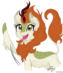 Size: 1030x1200 | Tagged: safe, artist:flynnmlp, artist:shinycyan, derpibooru import, autumn blaze, kirin, collaboration, sounds of silence, awwtumn blaze, cute, female, open mouth, raised hoof, simple background, smiling, solo, transparent background, waving