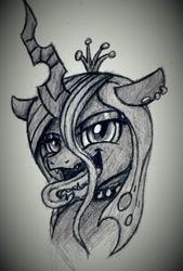 Size: 993x1465 | Tagged: safe, artist:heavymetalbronyyeah, queen chrysalis, changeling, changeling queen, adoracreepy, bust, choker, creepy, cute, cutealis, ear piercing, earring, female, grayscale, looking at you, monochrome, open mouth, piercing, portrait, smiling, solo, spiked choker, tongue out, traditional art