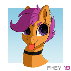 Size: 800x800 | Tagged: safe, artist:chrisfhey, scootaloo, pegasus, pony, :p, choker, ear fluff, ear piercing, earring, female, jewelry, mare, piercing, purple eyes, purple mane, signature, silly, simple background, solo, tongue out