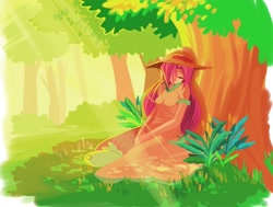 Size: 600x453 | Tagged: safe, artist:gomigomipomi, angel bunny, fluttershy, human, crepuscular rays, female, forest, hat, humanized, sitting, sleeping, tree