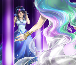 Size: 1128x960 | Tagged: safe, artist:ddhew, princess celestia, twilight sparkle, human, clothes, dress, duo, female, gala dress, humanized