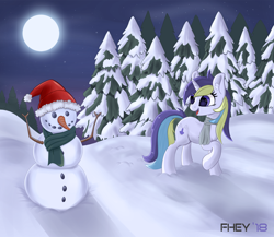 Size: 1920x1669 | Tagged: safe, artist:chrisfhey, oc, oc only, oc:condonie, pony, unicorn, evening, female, happy, hat, mare, moon, one hoof raised, open mouth, scarf, signature, snow, snowman, solo, tree, winter