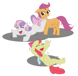 Size: 861x847 | Tagged: safe, artist:tobirone, apple bloom, scootaloo, sweetie belle, earth pony, pegasus, pony, unicorn, anatomically incorrect, cutie mark crusaders, female, filly, incorrect leg anatomy, mouth hold, tickling
