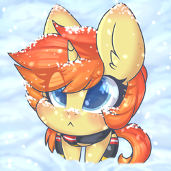 Size: 2000x2000 | Tagged: safe, artist:angelbeat-drift, derpibooru import, oc, oc only, oc:darla crossfire, pony, unicorn, clothes, female, freckles, looking up, mare, pouting, scarf, sitting, snow, snowfall, socks, thigh highs