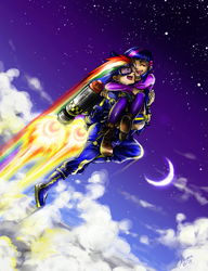 Size: 929x1207 | Tagged: safe, artist:ddhew, rainbow dash, twilight sparkle, human, carrying, cloud, female, flying, goggles, humanized, jetpack, lesbian, moon, one eye closed, shipping, twidash