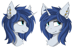 Size: 4008x2560 | Tagged: safe, artist:beardie, derpibooru exclusive, derpibooru import, oc, oc only, oc:prince nova, pony, unicorn, blue hair, blue mane, bust, commission, ear fluff, ear piercing, male, piercing, portrait, solo, stallion