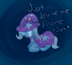 Size: 1100x1000 | Tagged: safe, artist:crhonox, trixie, pony, unicorn, abstract background, cape, clothes, crying, female, hat, mare, prone, solo, trixie's cape, trixie's hat