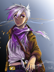 Size: 880x1162 | Tagged: safe, artist:ddhew, gilda, human, cigarette, clothes, eyebrow piercing, female, humanized, messenger bag, pins, scarf, shoulder bag, smoking, solo