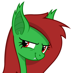 Size: 6069x6069 | Tagged: safe, artist:chrisfhey, oc, oc only, oc:watermelon frenzy, absurd resolution, fangs, green coat, red eyes, red mane, simple background, smiling, smirk, solo, transparent background, vampire bat pony, vector