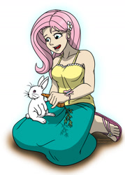 Size: 1024x1434 | Tagged: safe, artist:glancojusticar, angel bunny, fluttershy, human, bracelet, carrot, clothes, feeding, feet, female, flower, flower in hair, humanized, jewelry, kneeling, long skirt, sandals, skirt