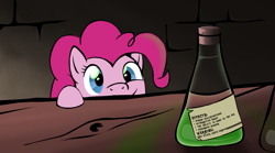 Size: 1318x735 | Tagged: safe, artist:qsteel, pinkie pie, earth pony, pony, erlenmeyer flask, female, filly, flask, forever, peeking, potion, smiling, solo, that explains everything, younger