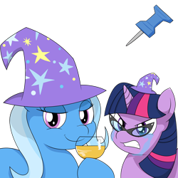 Size: 3991x3991 | Tagged: safe, artist:reconprobe, derpibooru import, trixie, twilight sparkle, pony, unicorn, 4chan, cider, crying, duo, female, glass, glasses, hat, mare, meme, sticky