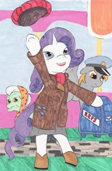 Size: 2117x3233 | Tagged: safe, artist:enigmaticthief, derpy hooves, granny smith, rarity, earth pony, pegasus, pony, unicorn, bipedal, clothes, female, high res, mare, parody, the mary tyler moore show, traditional art