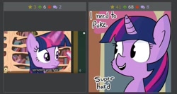 Size: 1242x662 | Tagged: safe, artist:tjpones, twilight sparkle, twilight sparkle (alicorn), alicorn, pony, derpibooru, implied vomit, juxtaposition, meta, solo