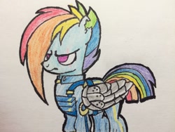 Size: 1386x1040 | Tagged: safe, artist:rainbowdash1804, derpibooru import, rainbow dash, pegasus, pony, alternate timeline, amputee, apocalypse dash, augmented, crystal war timeline, prosthetic limb, prosthetic wing, prosthetics, solo, torn ear, traditional art