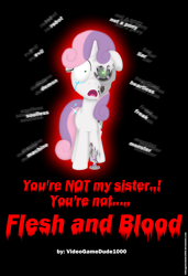 Size: 2040x2985 | Tagged: safe, artist:pajama-ham, sweetie belle, sweetie bot, pony, robot, robot pony, unicorn, fanfic:flesh and blood, black background, cover, crying, disembodied thoughts, fanfic, fanfic art, fanfic cover, female, filly, floppy ears, foal, high res, hooves, horn, open mouth, robot gore, sad, simple background, solo, text