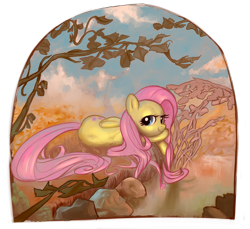 Size: 1024x938 | Tagged: safe, artist:javkiller, fluttershy, pegasus, pony, female, looking at you, mare, modern art, nouveau, on side, solo, water