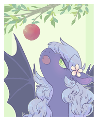 Size: 757x937 | Tagged: safe, artist:amphoera, derpibooru import, oc, oc only, oc:nocturne keys, bat pony, apple, bat pony oc, bust, flower, flower in hair, food, green background, looking at something, looking up, open mouth, portrait, reaching, simple background, solo, spread wings, tree, tree branch, wings