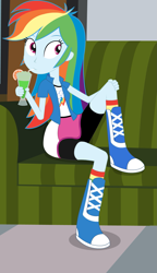 Size: 1091x1895 | Tagged: safe, artist:negasun, rainbow dash, equestria girls, boots, cafe, clothes, cocktail, drinking, holding legs, raised leg, shorts, sitting pretty, skirt, socks, sofa, solo, straw