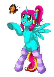 Size: 1750x2500 | Tagged: safe, artist:evomanaphy, oc, oc only, butterfly, pony, bipedal, clothes, socks, solo, striped socks