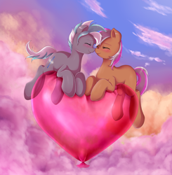 Size: 2458x2509 | Tagged: safe, artist:evomanaphy, oc, oc only, oc:magix, oc:ophelia, balloon, balloon sitting, cloud, couple, eyes closed, female, flying, heart balloon, lesbian, love, mare, sky