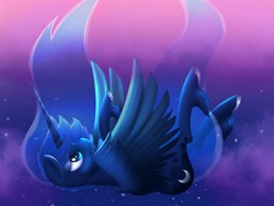 Size: 2400x1800 | Tagged: safe, artist:globug100art, derpibooru import, princess luna, alicorn, pony, abstract background, dream, falling, female, frown, horn, mare, sad, solo, unshorn fetlocks, wings