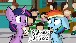 Size: 1280x720 | Tagged: safe, artist:tjpones, rainbow dash, twilight sparkle, twilight sparkle (alicorn), alicorn, pegasus, pony, crossover, dialogue, duo, female, glare, mare, shipping denied, sitting, south park