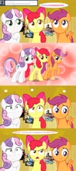 Size: 1280x2877 | Tagged: safe, artist:jan, apple bloom, scootaloo, sweetie belle, earth pony, pegasus, pony, unicorn, ask, ask the crusaders, comic, cutie mark crusaders, female, filly, hilarious in hindsight, older, older apple bloom, older scootaloo, older sweetie belle